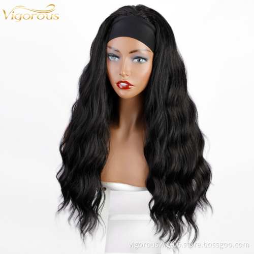 Synthetic Natural Hair Headband Wig Heat resistant Black Color Body Wave Curly Kinky Straight Free Sample Grip Headband Wig